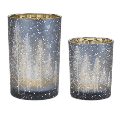 Melrose International Navy Pine Tree Glass Candle Holder (set Of 2) - Blue, Gray