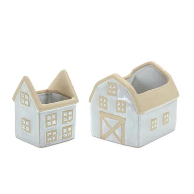 Melrose International Neutral Porcelain House And Barn Planter (set Of 2) - Beige, White