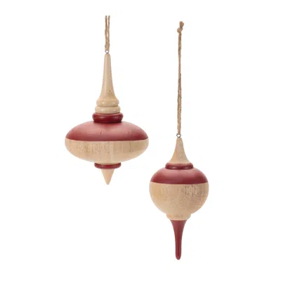 Melrose International Oak Wood Top Ornament (set Of 12) - Red, Beige