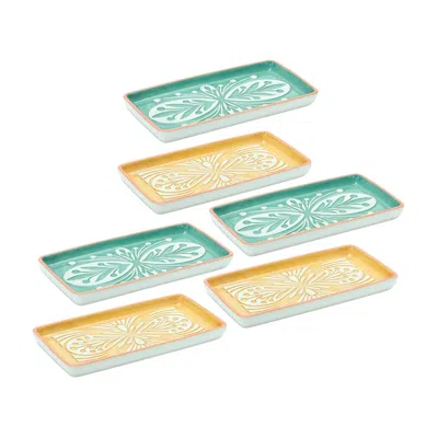 Melrose International Ornamental Ceramic Tray (set Of 6) - Green, Yellow, White