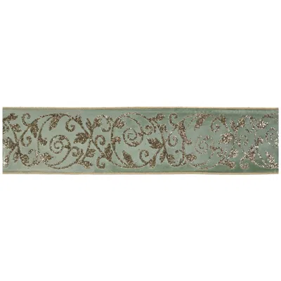 Melrose International Ornate Glittered Wired Ribbon 4" X 5 Yds. - Green, Gray
