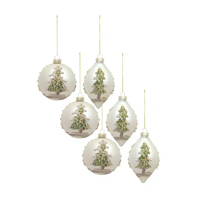 Melrose International Painted Snowy Pine Tree Ball Ornament (set Of 6) - Green; Gold; Silver