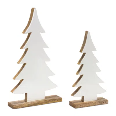 Melrose International Pine Tree On Natural Wood Base (set Of 2) - White, Beige