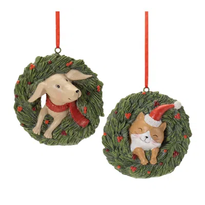 Melrose International Playful Cat And Dog In Pine Wreath Ornament (set Of 4) - Green, Beige