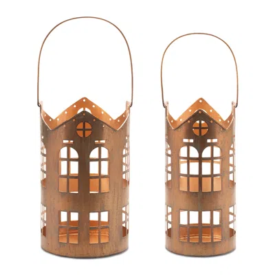 Melrose International Punched Metal House Lantern (set Of 2) - Brown