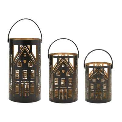Melrose International Punched Metal House Lantern (set Of 3) - Black, Gold