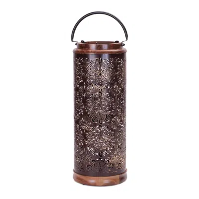 Melrose International Punched Metal Lantern With Natural Wood Accents 19"h - Brown