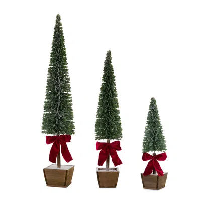 Melrose International Pvc Bottle Brush Design Pine Tree Decor With Bow (set Of 3) - Green; White; Brown