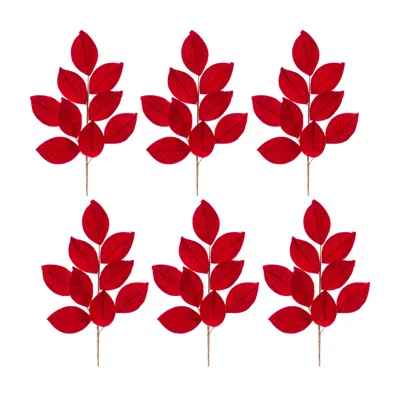 Melrose International Red Flocked Magnolia Leaf Spray (set Of 6) - Red, Brown