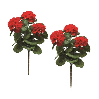 Melrose International Red Geranium Floral Bush (set Of 2) - Green, Red, Brown