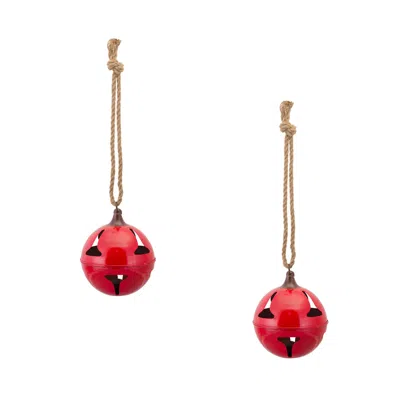 Melrose International Red Metal Sleigh Bell With Jute Hanger (set Of 2) - Red; Brown