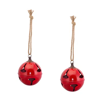 Melrose International Red Metal Sleigh Bell With Jute Hanger (set Of 2) - Red; Brown