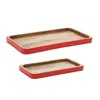 Melrose International Red Trimmed Wooden Tray (set Of 2) - Red, Brown