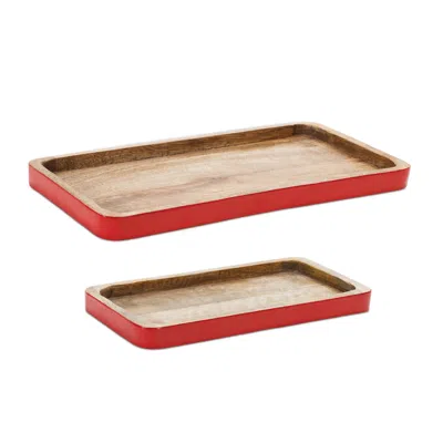 Melrose International Red Trimmed Wooden Tray (set Of 2) - Red, Brown
