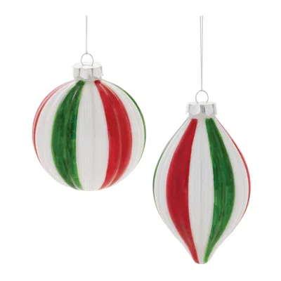 Melrose International Ribbed Glass Ornament (set Of 12) - Red, White, Green