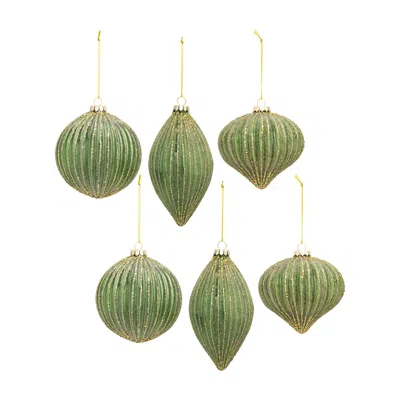 Melrose International Ribbed Glass Ornament With Gold Accent (set Of 6) - Green; Gold
