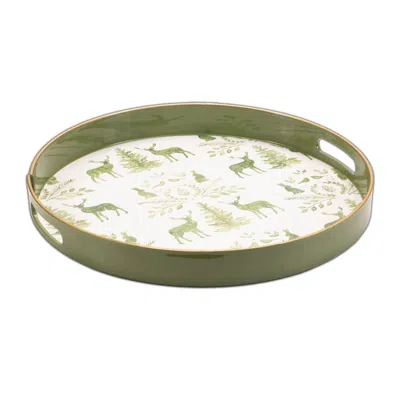 Melrose International Round Deer And Pine Tree Print Tray 13.5"h - Green, Blue