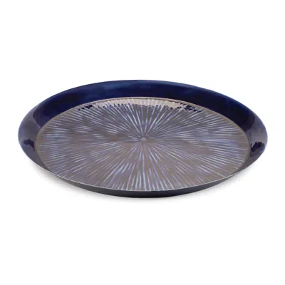 Melrose International Round Etched Metal Tray 13.5"d - Blue