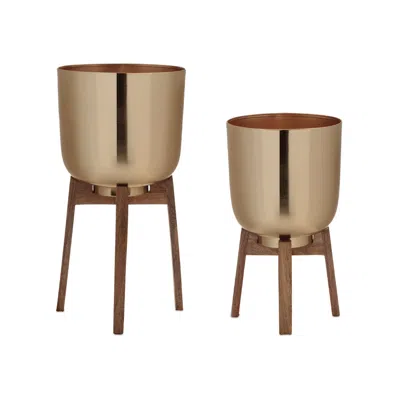 Melrose International Round Metal Planter With Wooden Stand (set Of 2) - Gold
