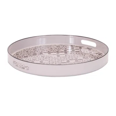 Melrose International Round Ornate Geometric Print Tray 17.5"d - White, Beige