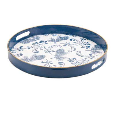 Melrose International Round Pine Print Tray 13.5"h - Blue, White