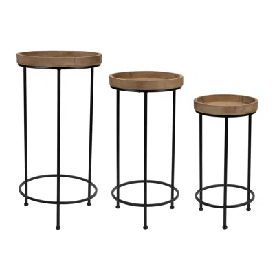 Melrose International Round Wood And Metal Plant Stand Table (set Of 3) - Brown, Black