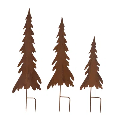 Melrose International Rusted Iron Pine Tree Stake (set Of 3) - Brown