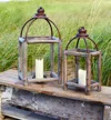 Melrose International Rustic Wood Log And Antique Metal Lantern With Glass Hurricane (set Of 2) - Natural, Grey