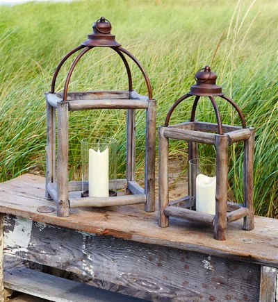 Melrose International Rustic Wood Log And Antique Metal Lantern With Glass Hurricane (set Of 2) - Natural, Grey