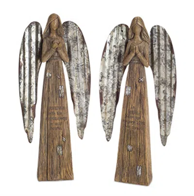 Melrose International Rustic Wood Sentiment Angel With Galvanized Metal Wings (set Of 2) - Brown; Grey