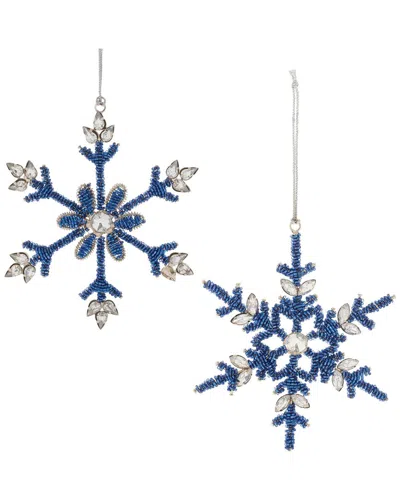 Melrose International Set Of 12 Beaded Metal Snowflake Ornament In Blue