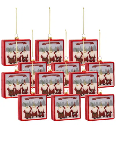 Melrose International Set Of 12 Gnome Merry Christmas Ornament In Red