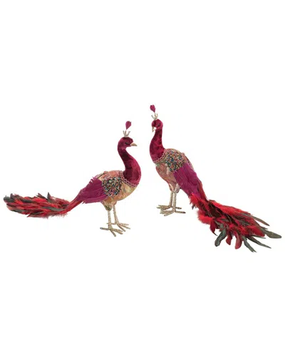 Melrose International Set Of 2 Beaded Royal Peacock Shelf Sitter In Red