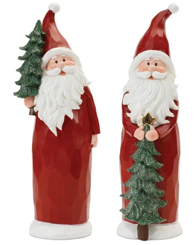 Melrose International Set Of 2 Carved Santa With Glittered Pine In Multi