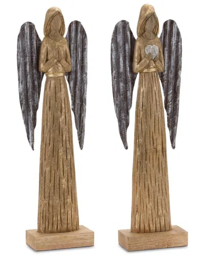Melrose International Set Of 2 Carved Wood Angel Statue In Brown