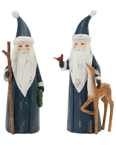 Melrose International Set Of 2 Carved Woodland Santa With Deer Figurine In Blue