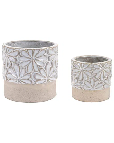 Melrose International Set Of 2 Ceramic Floral Planter In Neutral