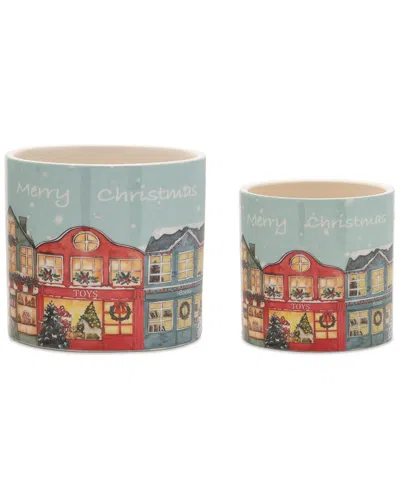 Melrose International Set Of 2 Merry Christmas Village Planter In Blue