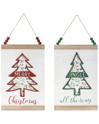 Melrose International Set Of 2 Wood Beaded Merry Christmas Banner In White
