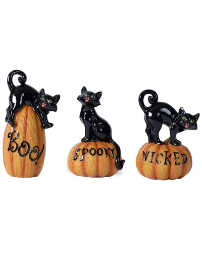 MELROSE INTERNATIONAL MELROSE INTERNATIONAL SET OF 3 BLACK CAT ON PUMPKIN FIGURINE