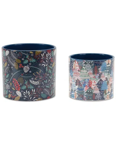Melrose International Set Of 4 Berry & Pine Tree Holiday Planter In Blue