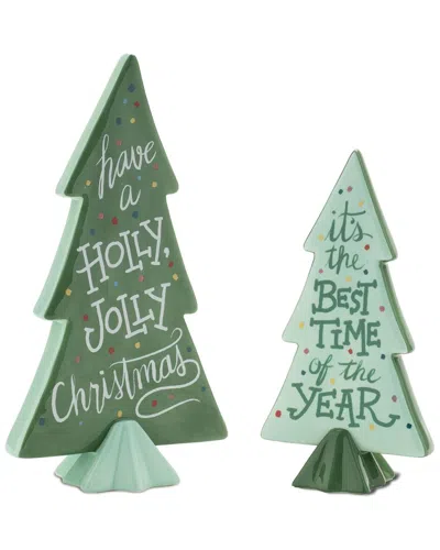 Melrose International Set Of 4 Ceramic Christmas Sentiment Pine Tree In Green