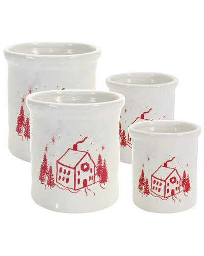 MELROSE INTERNATIONAL MELROSE INTERNATIONAL SET OF 4 CERAMIC CROCK WITH SNOWY HOUSE SCENE