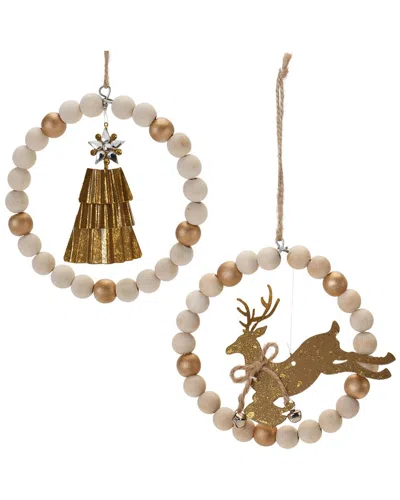 Melrose International Set Of 6 Beaded Wood Tree & Deer Ornament