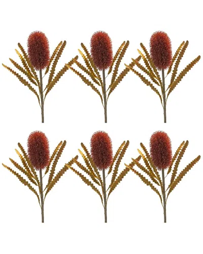 Melrose International Set Of 6 Burnt Orange Banksia Floral Stem In Green