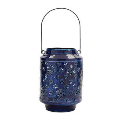 Melrose International Snowflake Punched Metal Candle Lantern 9.5"h - Blue