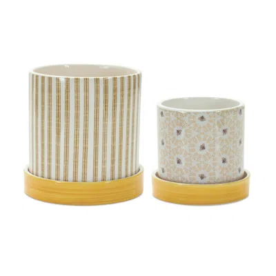 Melrose International Stone Bumble Bee Striped Planter With Plate (set Of 2) - Yellow, White In Neutral
