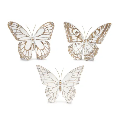 Melrose International Stone Butterfly Shelf Sitter With White Washed Finish (set Of 3) - White, Brown