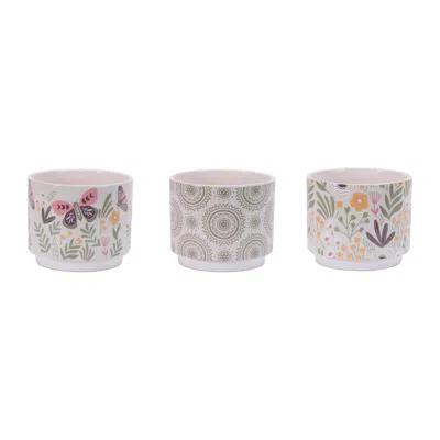 Melrose International Stone Floral Patterned Planter (set Of 3) - Beige, Green