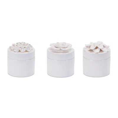 Melrose International Stoneware Box With Floral Lid Accent (set Of 3) - White